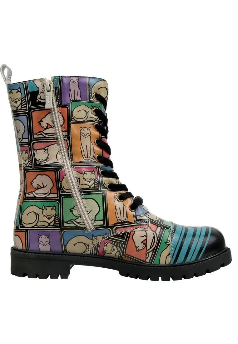 Femme Cuir Vegan Multicolore Bottes Longues à Glissière - Cats and Boxes Motif