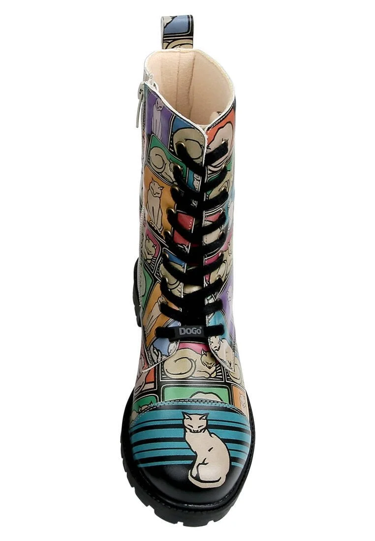 Femme Cuir Vegan Multicolore Bottes Longues à Glissière - Cats and Boxes Motif