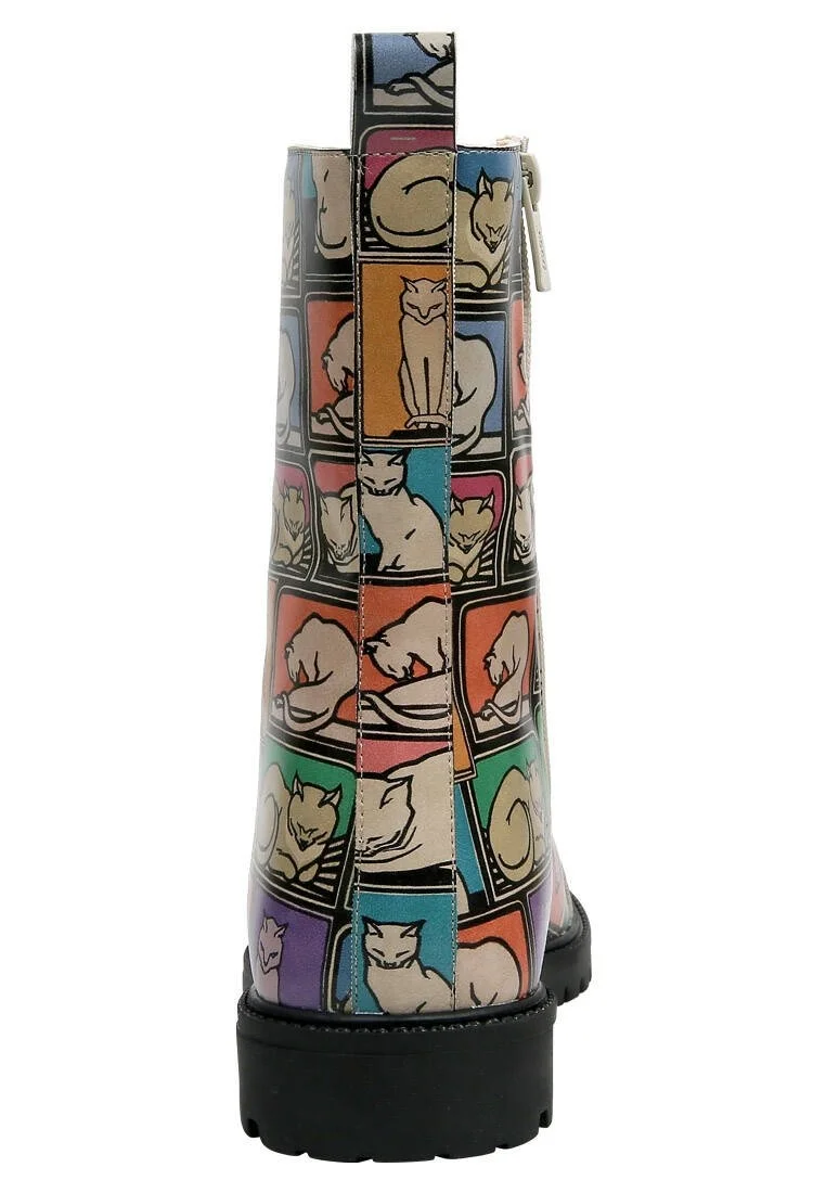 Femme Cuir Vegan Multicolore Bottes Longues à Glissière - Cats and Boxes Motif