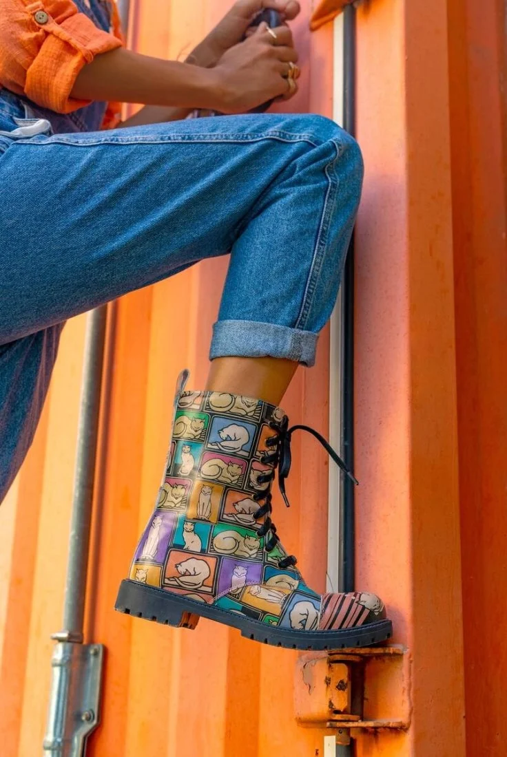 Femme Cuir Vegan Multicolore Bottes Longues à Glissière - Cats and Boxes Motif