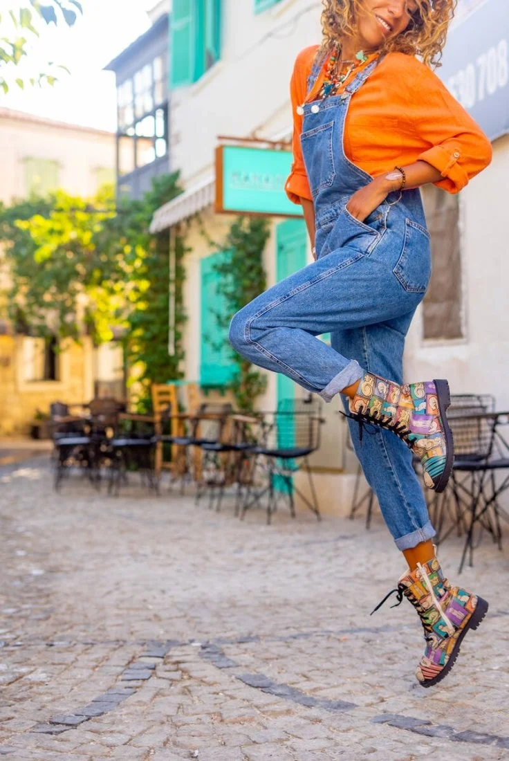 Femme Cuir Vegan Multicolore Bottes Longues à Glissière - Cats and Boxes Motif