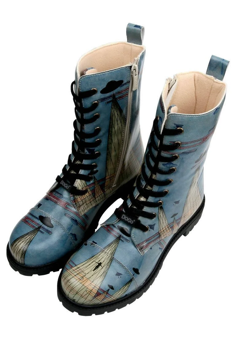 Femme Cuir Vegan Bleu Bottes Longues à Glissière - The Future is Here Motif