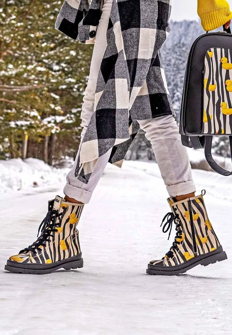 Femme Cuir Vegan Noir Bottes longues à glissière - Ducky Motif