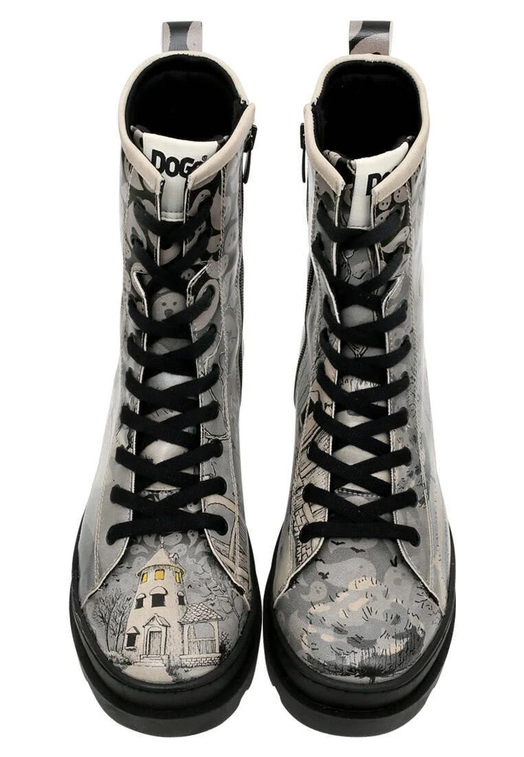 Femme Cuir Vegan Gris Bottes longues à glissière - Spooky Town Motif