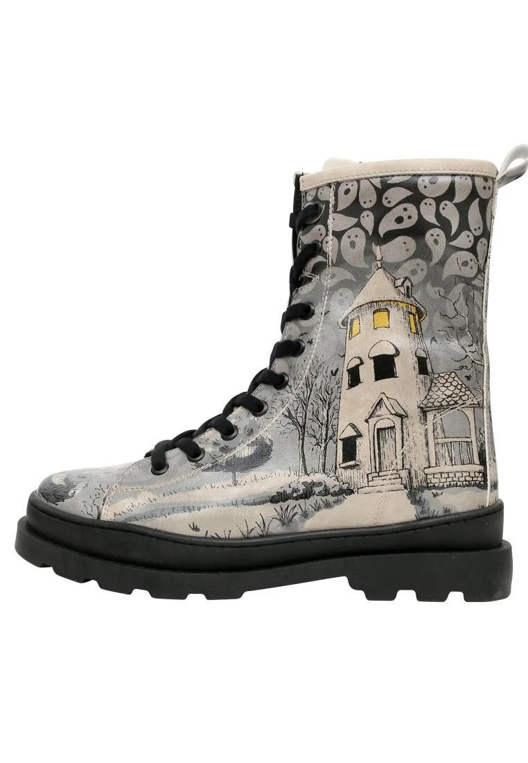 Femme Cuir Vegan Gris Bottes longues à glissière - Spooky Town Motif