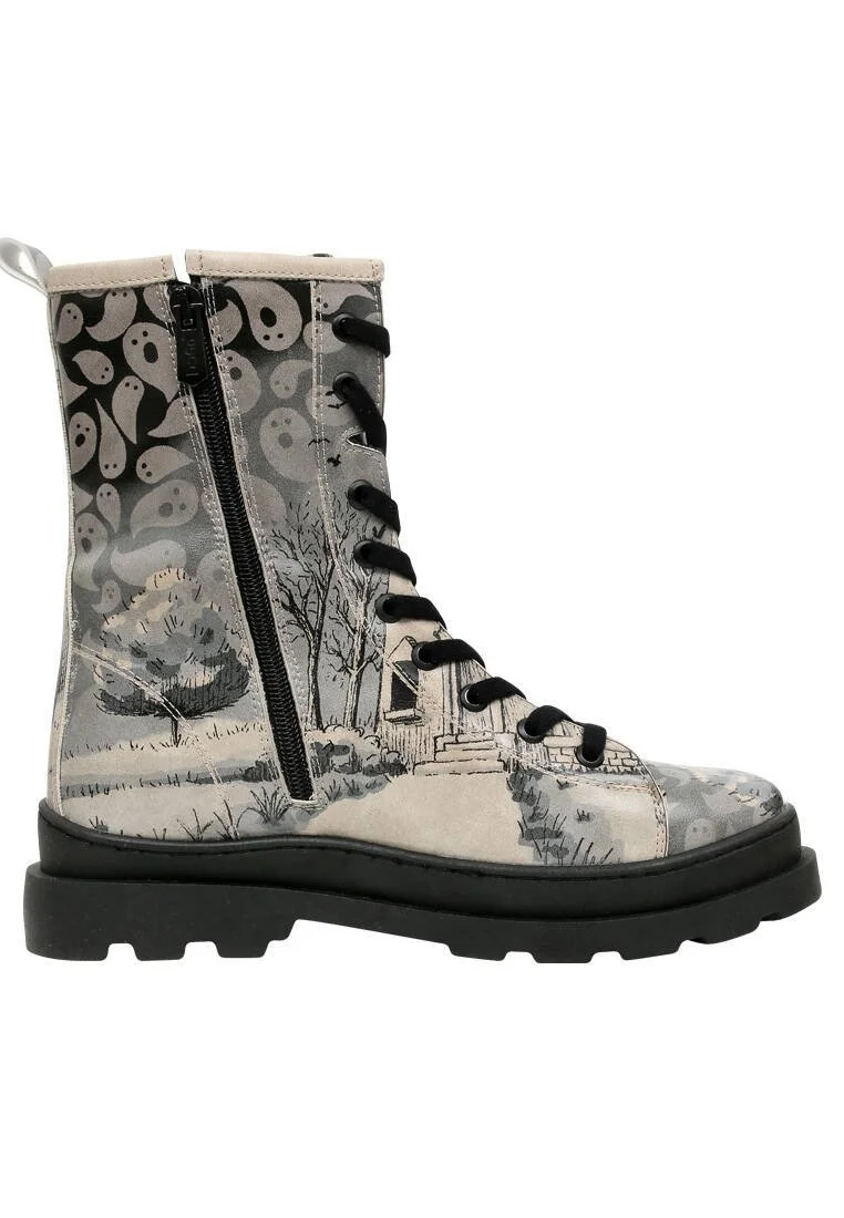 Femme Cuir Vegan Gris Bottes longues à glissière - Spooky Town Motif