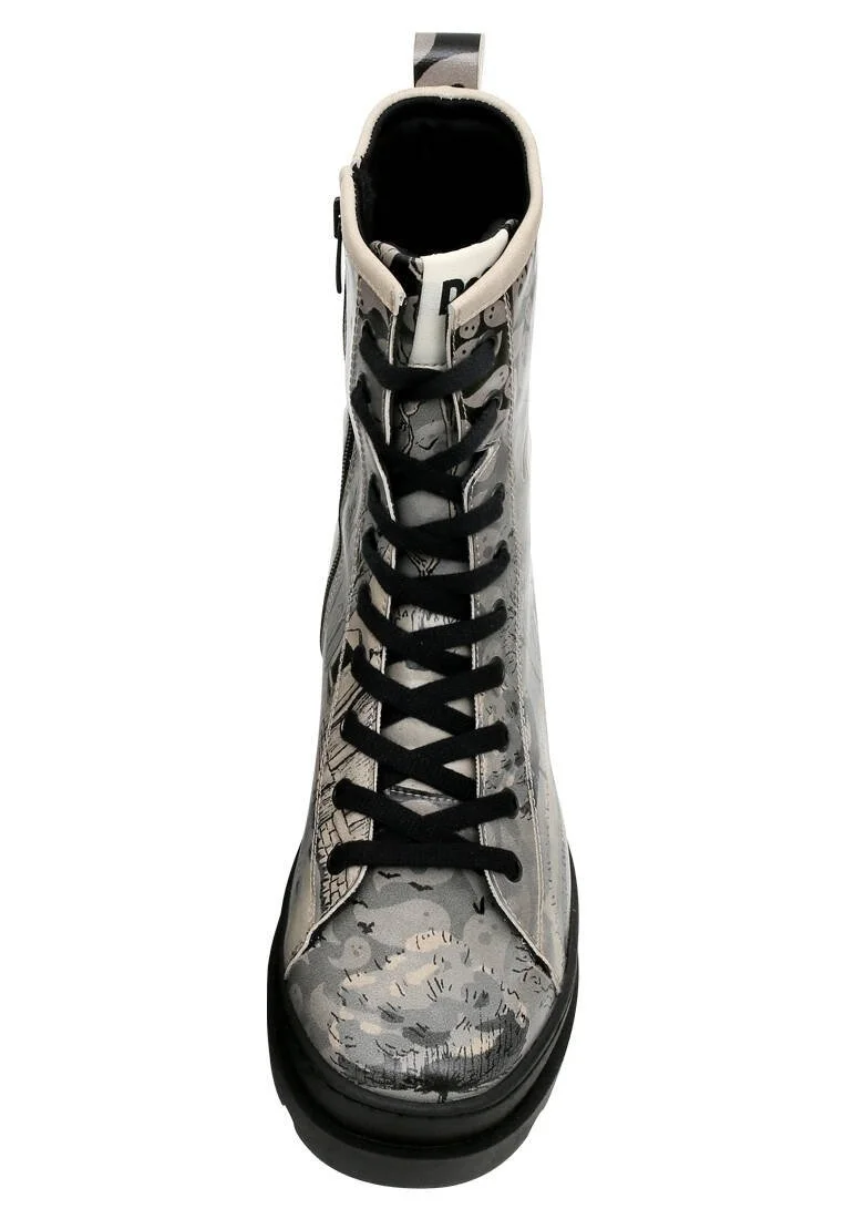 Femme Cuir Vegan Gris Bottes longues à glissière - Spooky Town Motif