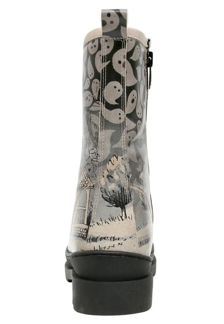 Femme Cuir Vegan Gris Bottes longues à glissière - Spooky Town Motif