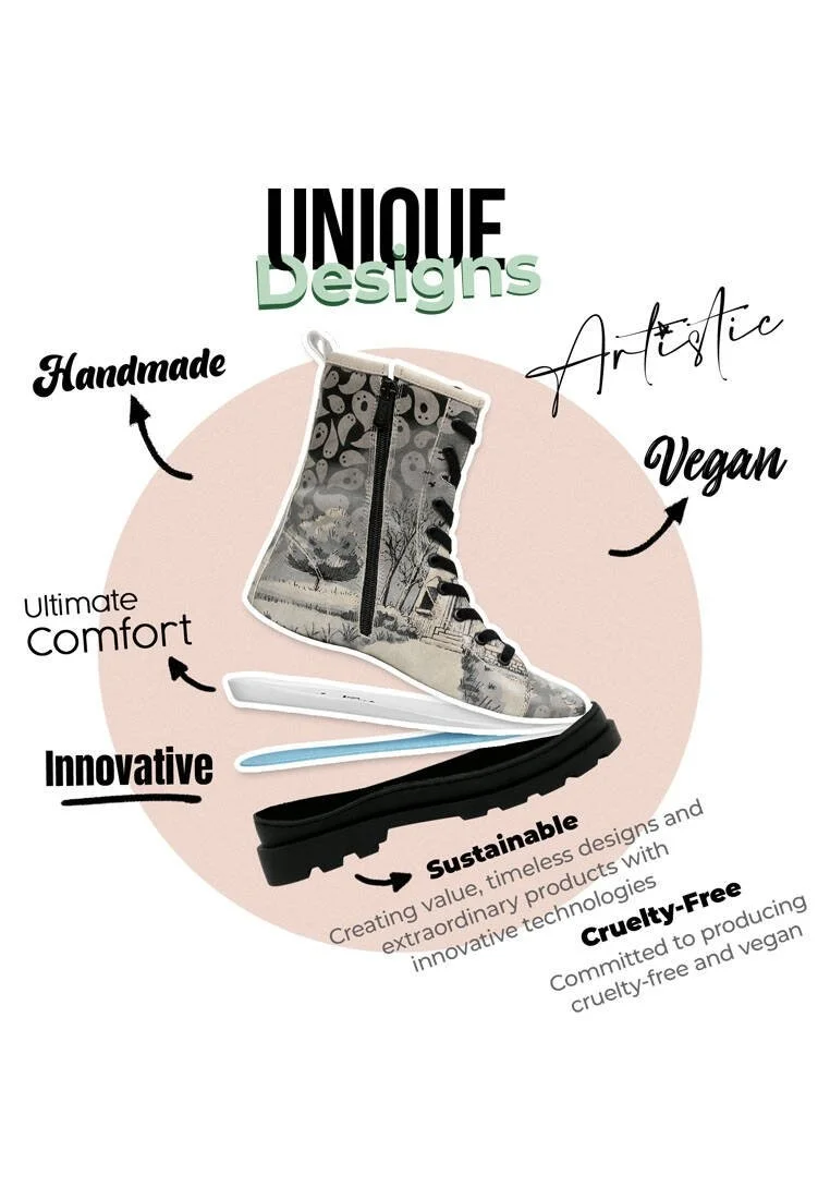 Femme Cuir Vegan Gris Bottes longues à glissière - Spooky Town Motif