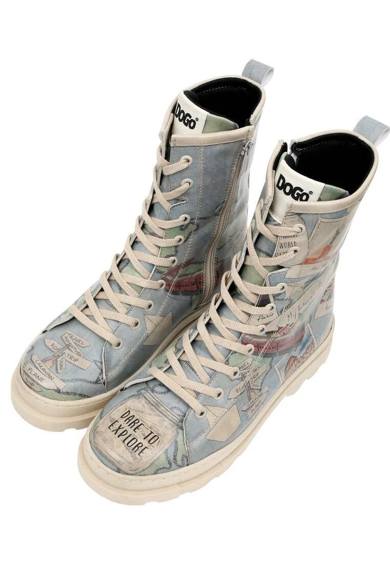 Femme Cuir Vegan Bleu Bottes longues à glissière - Dare to Explore Motif