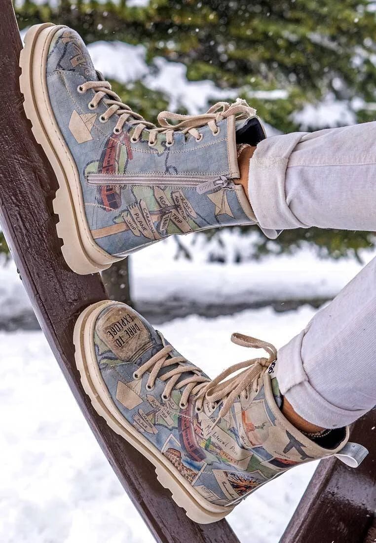 Femme Cuir Vegan Bleu Bottes longues à glissière - Dare to Explore Motif