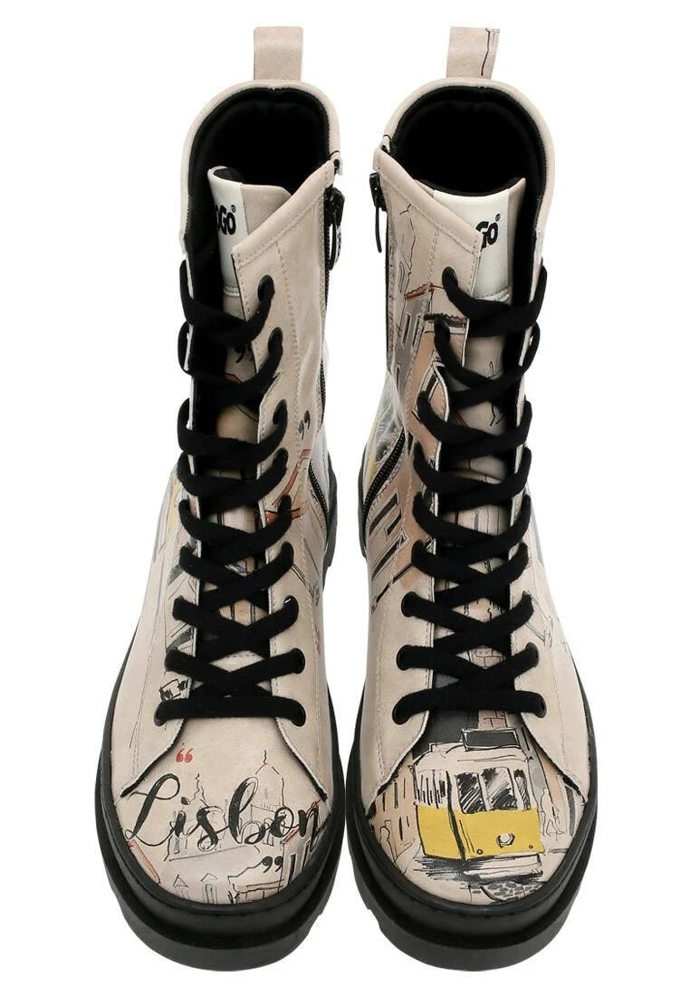 Femme Cuir Vegan Beige Bottes longues à glissière - Lisbon Motif