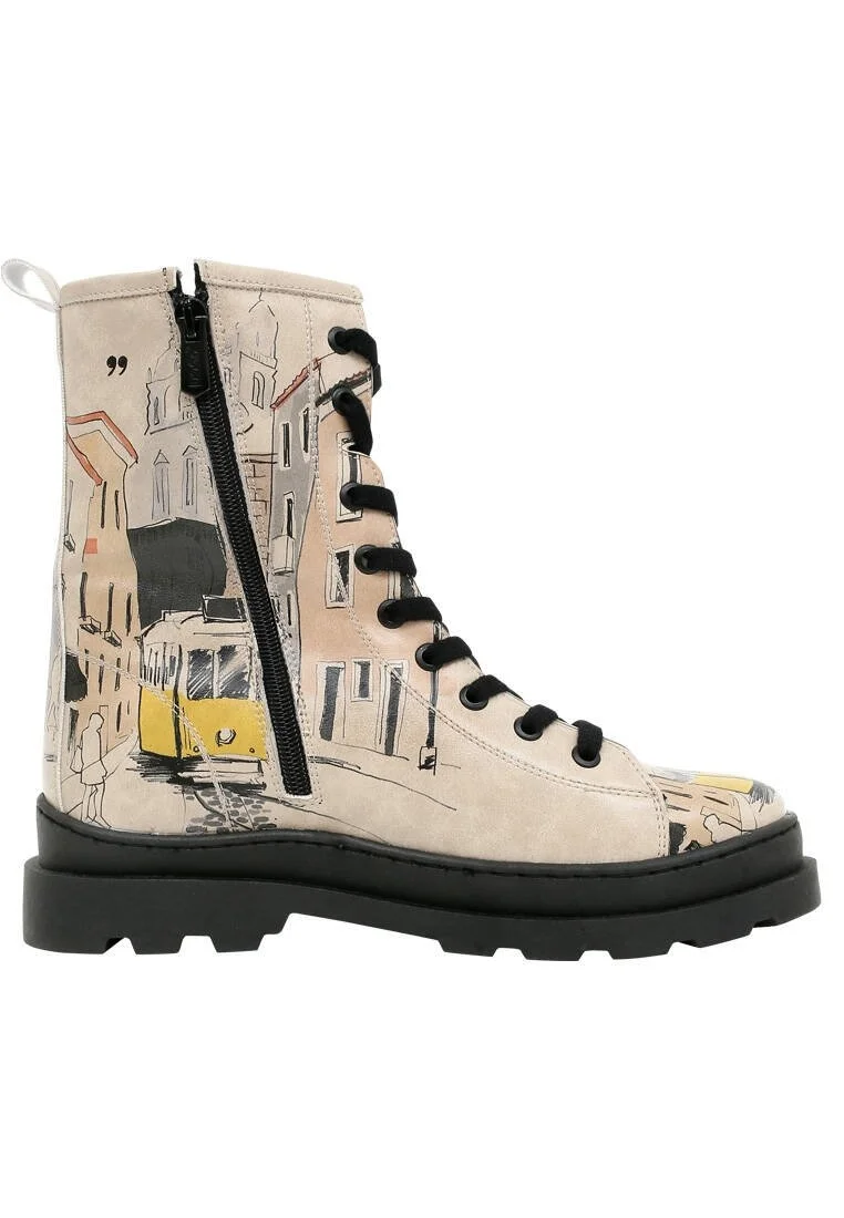 Femme Cuir Vegan Beige Bottes longues à glissière - Lisbon Motif