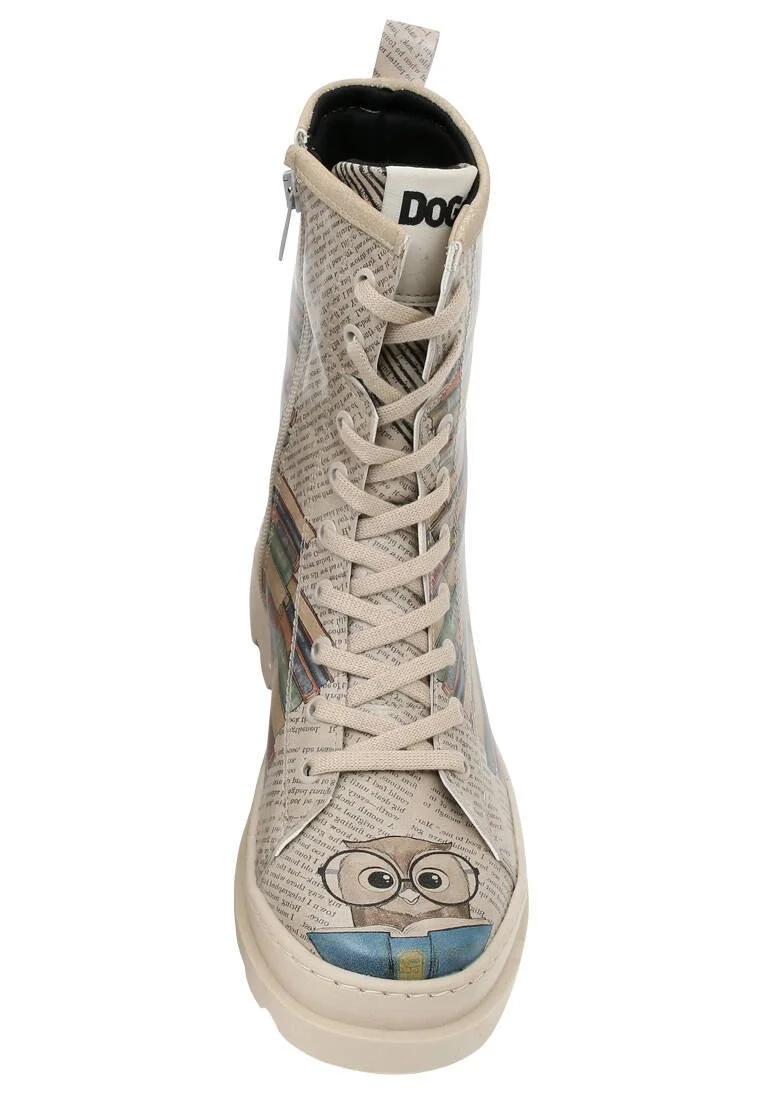 Femme Cuir Vegan Beige Bottes longues à glissière - The wise owl Motif