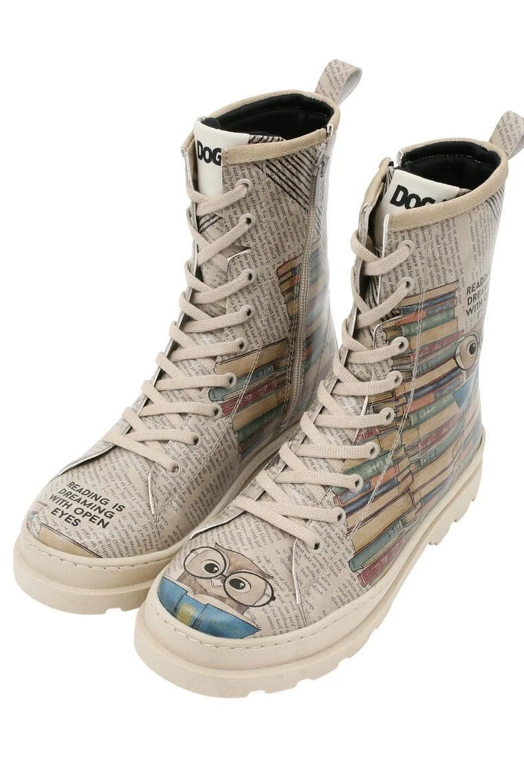Femme Cuir Vegan Beige Bottes longues à glissière - The wise owl Motif