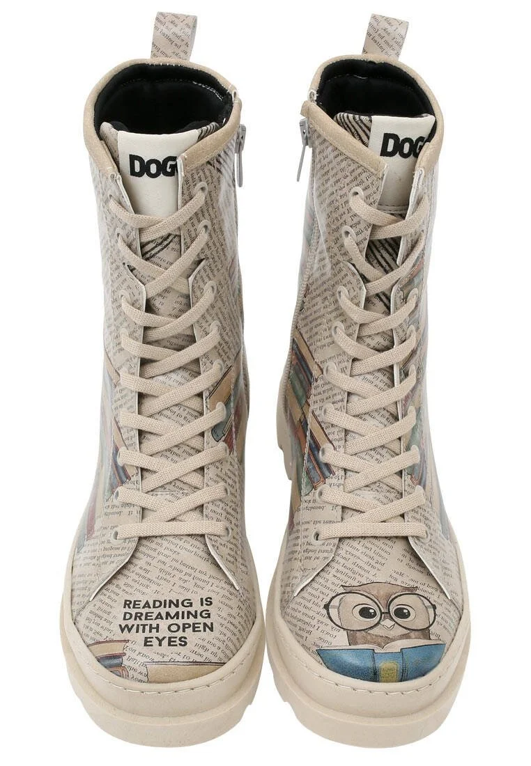 Femme Cuir Vegan Beige Bottes longues à glissière - The wise owl Motif