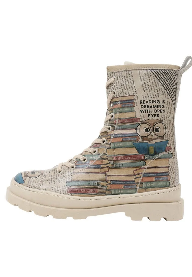 Femme Cuir Vegan Beige Bottes longues à glissière - The wise owl Motif