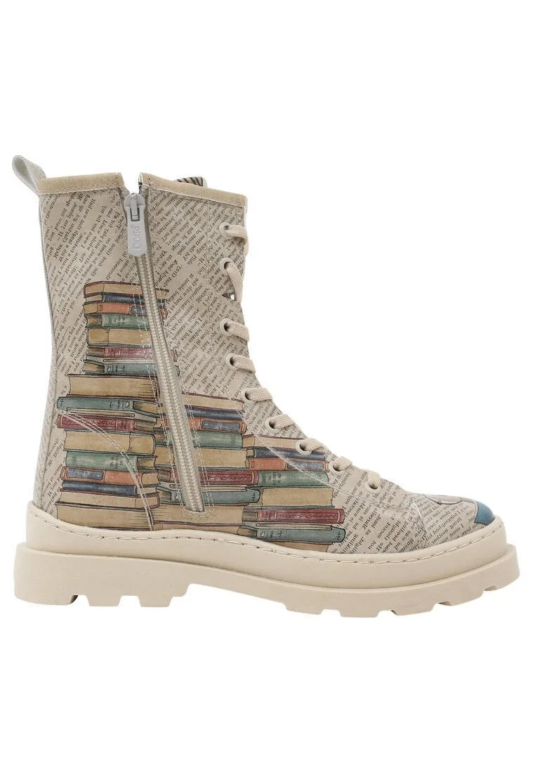 Femme Cuir Vegan Beige Bottes longues à glissière - The wise owl Motif