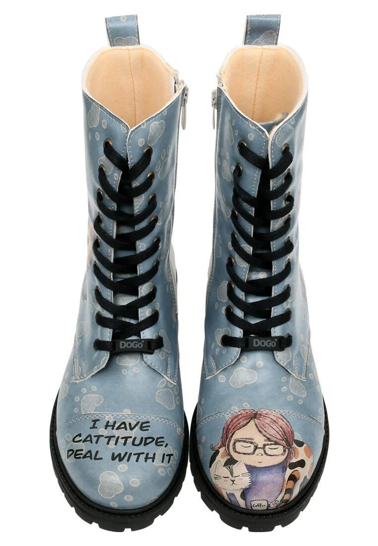 Femme Cuir Vegan Bleu Bottes Longues à Glissière - I Have Cattitude Motif