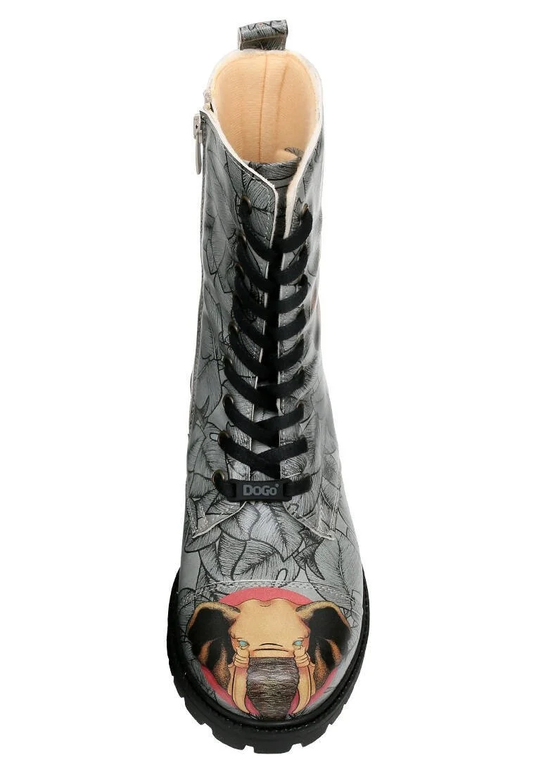 Femme Cuir Vegan Gris Bottes Longues à Glissière - Elephants Never Forget Motif