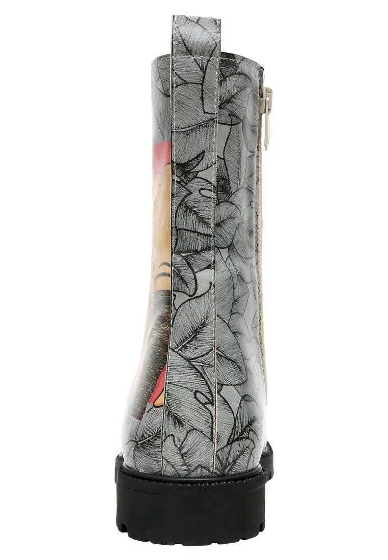 Femme Cuir Vegan Gris Bottes Longues à Glissière - Elephants Never Forget Motif