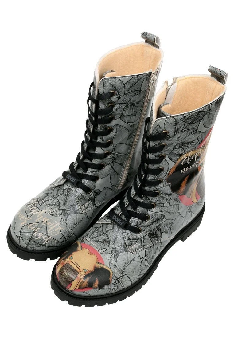 Femme Cuir Vegan Gris Bottes Longues à Glissière - Elephants Never Forget Motif