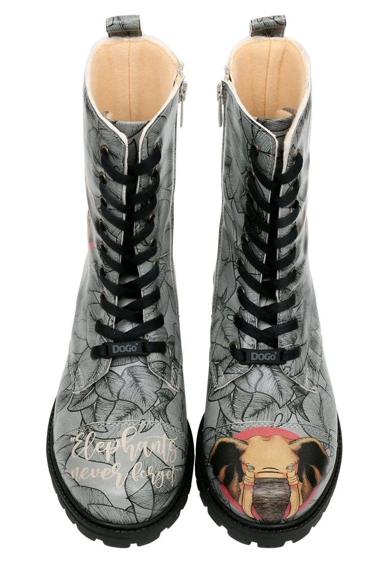 Femme Cuir Vegan Gris Bottes Longues à Glissière - Elephants Never Forget Motif