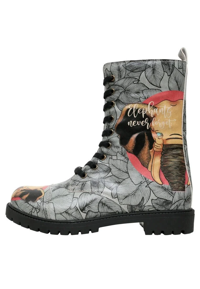 Femme Cuir Vegan Gris Bottes Longues à Glissière - Elephants Never Forget Motif