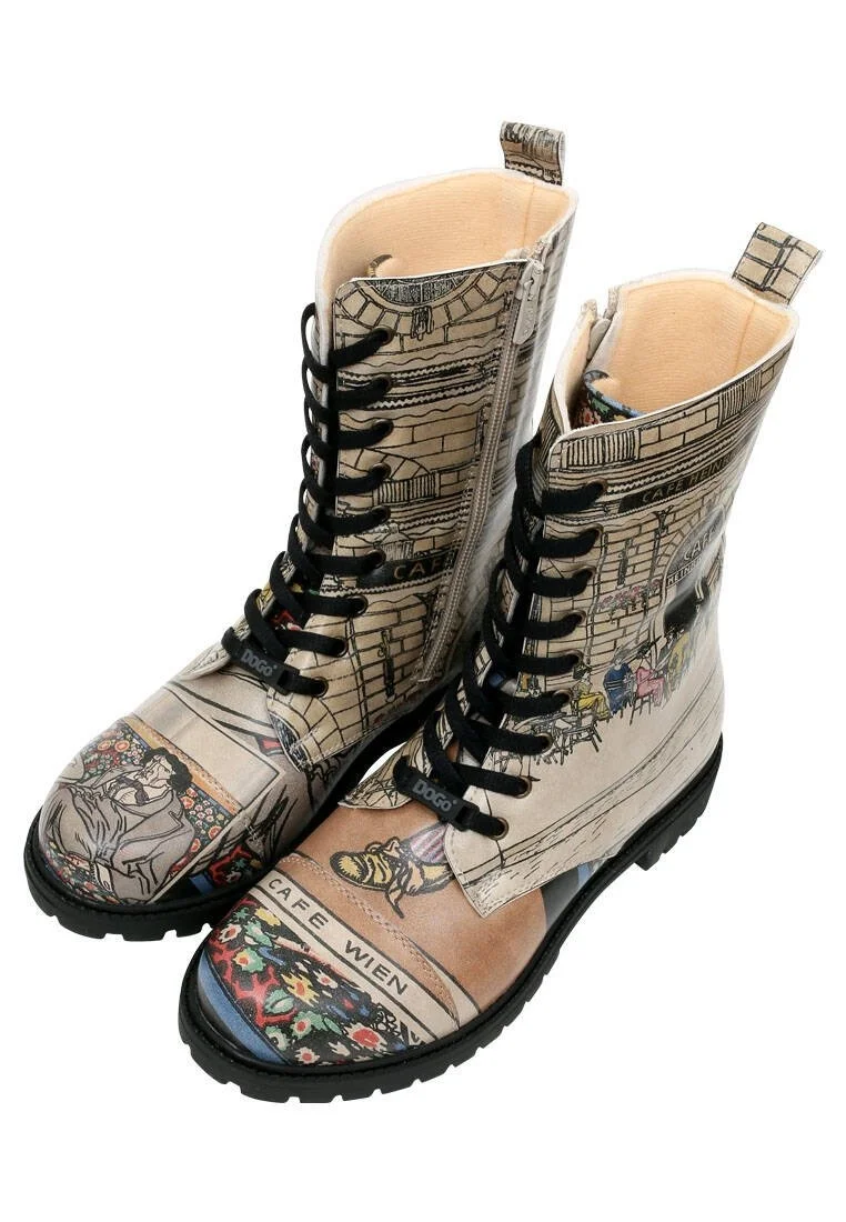 Femme Cuir Vegan Beige Bottes Longues à Glissière - Cafe Wien Motif