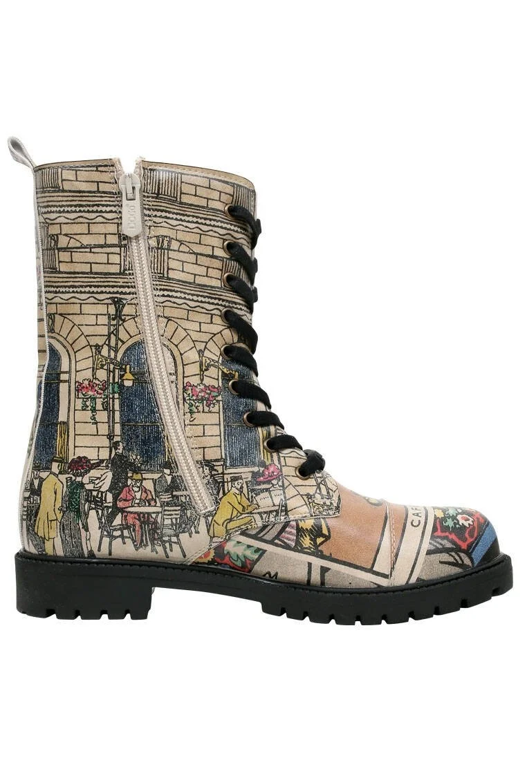 Femme Cuir Vegan Beige Bottes Longues à Glissière - Cafe Wien Motif