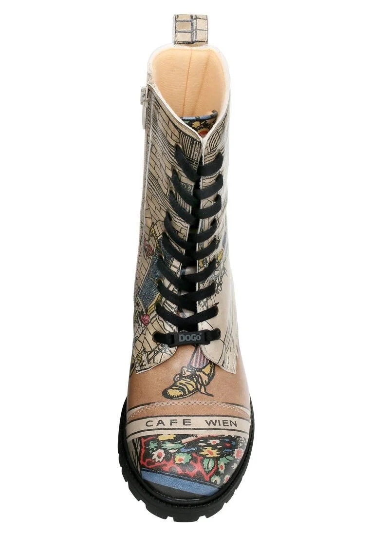 Femme Cuir Vegan Beige Bottes Longues à Glissière - Cafe Wien Motif