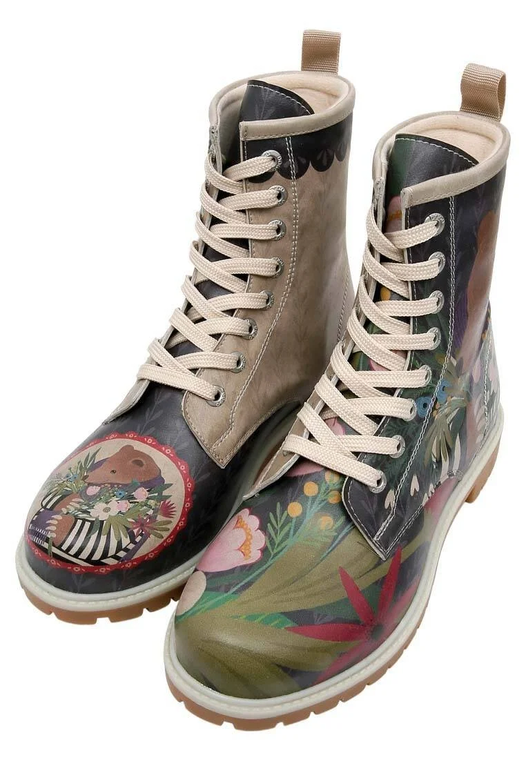 Femme Cuir Vegan Multicolore Bottes Longues - Bear and Flowers Motif