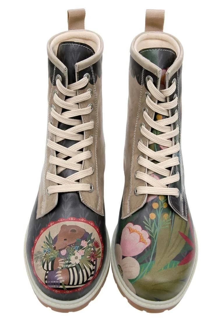 Femme Cuir Vegan Multicolore Bottes Longues - Bear and Flowers Motif