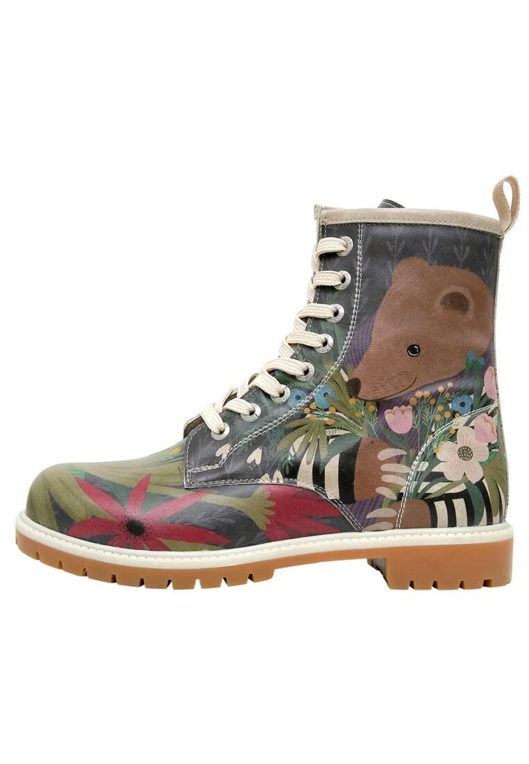 Femme Cuir Vegan Multicolore Bottes Longues - Bear and Flowers Motif