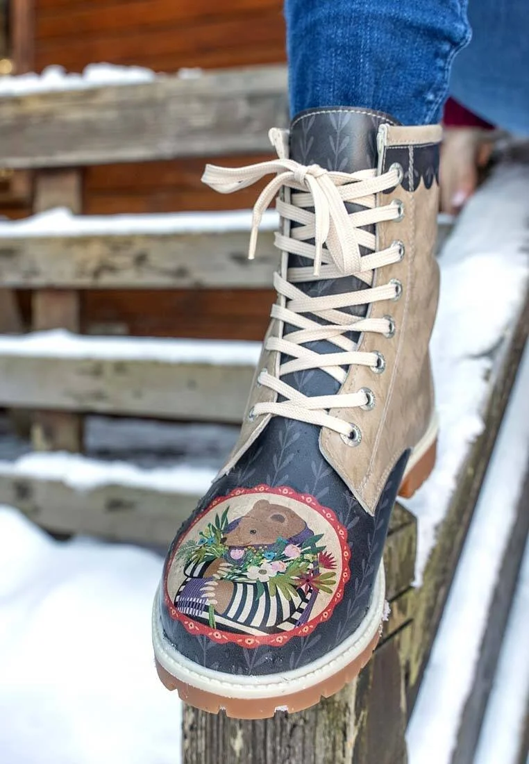Femme Cuir Vegan Multicolore Bottes Longues - Bear and Flowers Motif