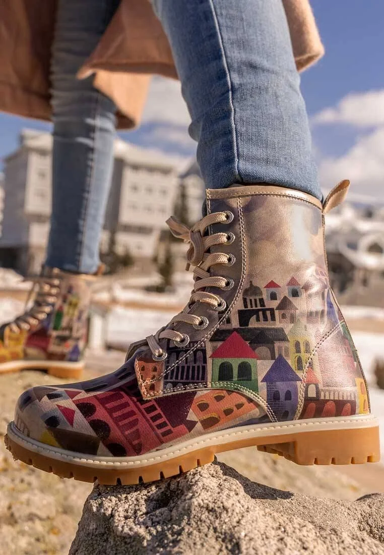 Femme Cuir Vegan Multicolore Bottes Longues - The Unknown Land Motif