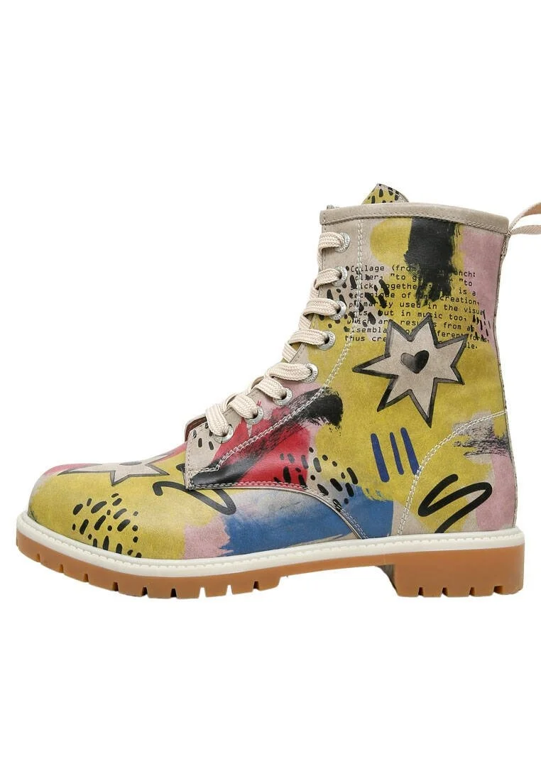 Femme Cuir Vegan Multicolore Bottes Longues - The Creation of the Collage Motif