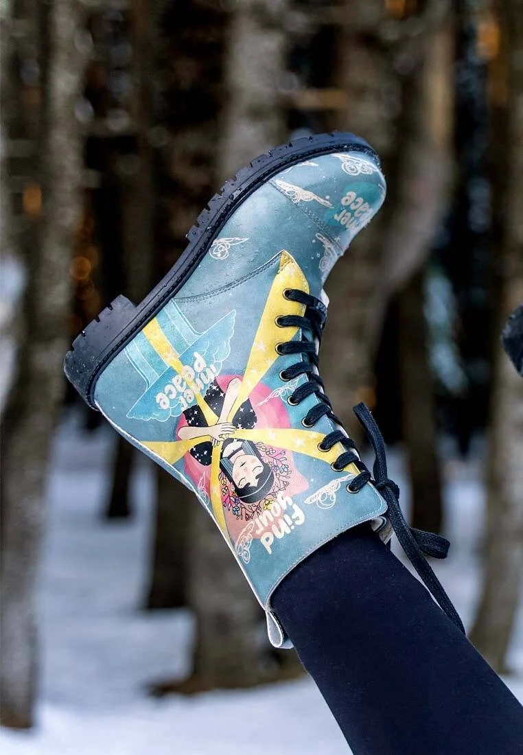 Femme Cuir Vegan Bleu Bottes Longues - Find Your Inner Peace Motif