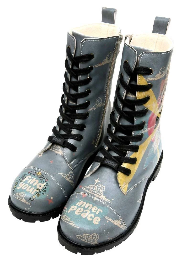 Femme Cuir Vegan Bleu Bottes Longues - Find Your Inner Peace Motif