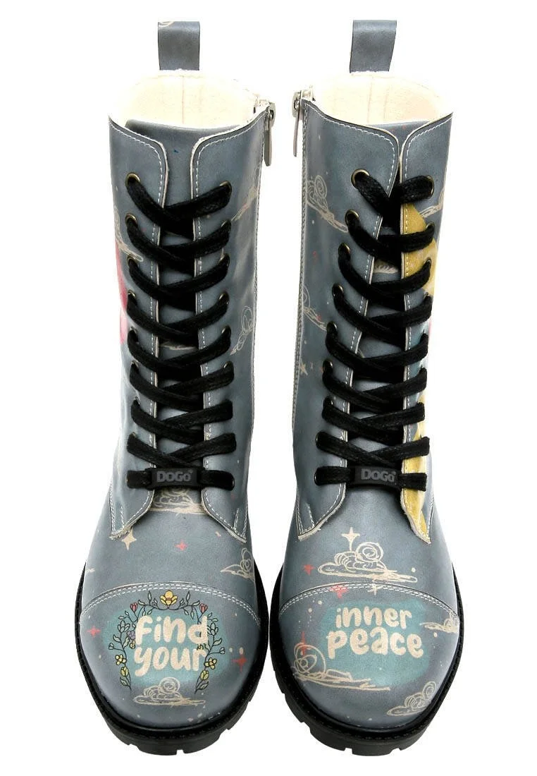 Femme Cuir Vegan Bleu Bottes Longues - Find Your Inner Peace Motif
