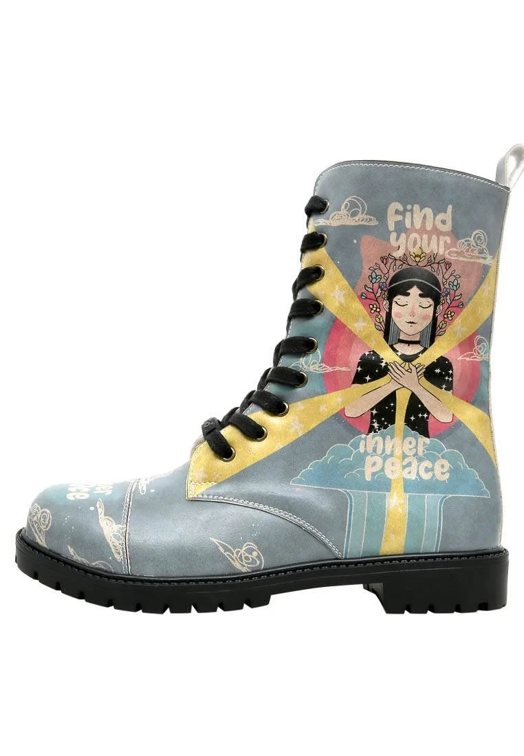 Femme Cuir Vegan Bleu Bottes Longues - Find Your Inner Peace Motif