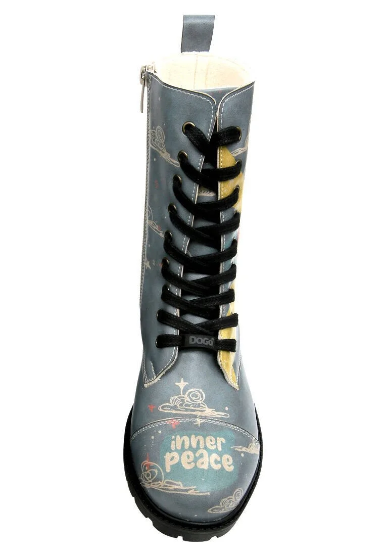 Femme Cuir Vegan Bleu Bottes Longues - Find Your Inner Peace Motif