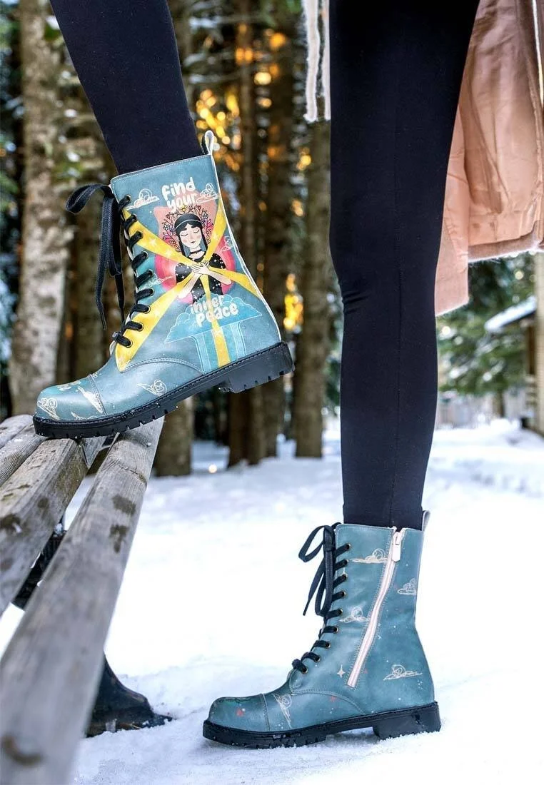 Femme Cuir Vegan Bleu Bottes Longues - Find Your Inner Peace Motif