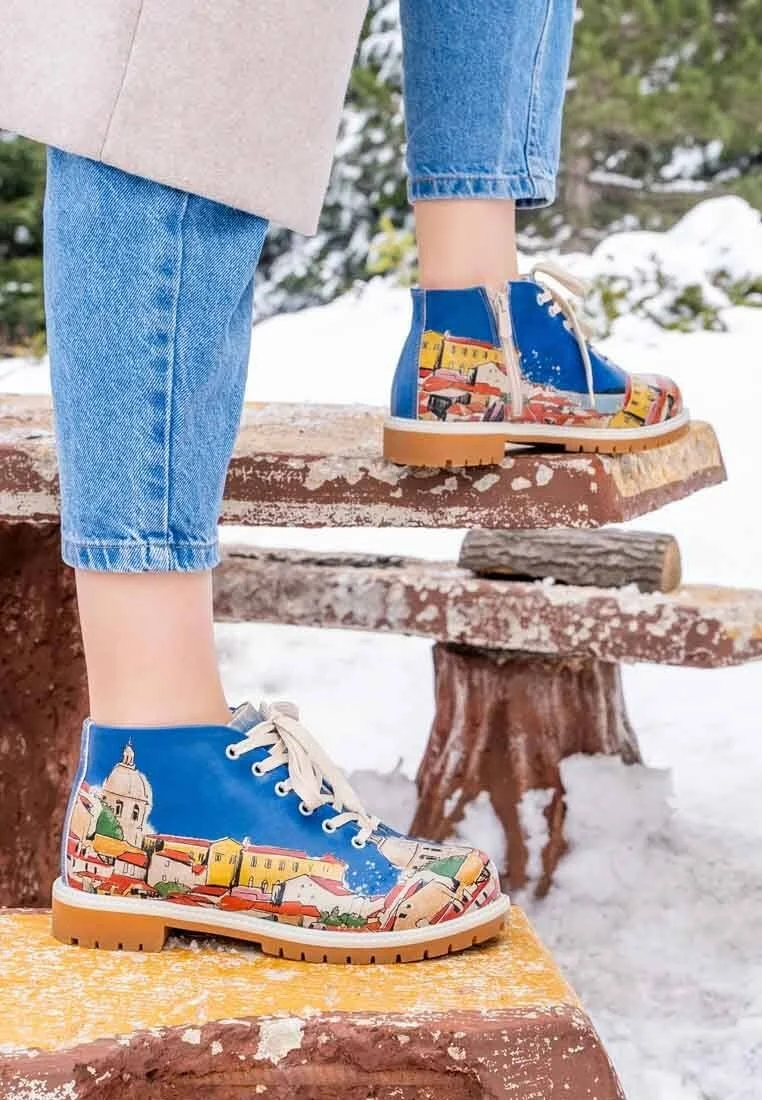 Femme Cuir Vegan Multicolore Bottines - On the Roofs Motif