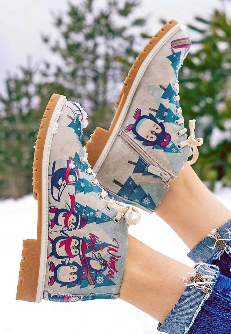 Femme Cuir Vegan Multicolore Bottines Zippées - Winters is Here Motif