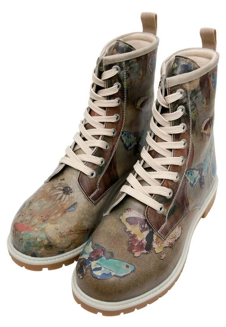 Femme Cuir Vegan Brun Bottes Longues - Still Life Butterflies Motif