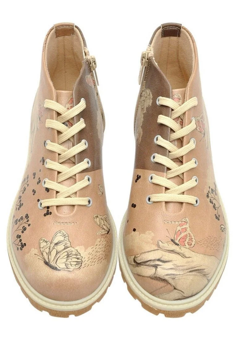Femme Cuir Vegan Brun Bottines Zippées - Lady Butterfly Motif