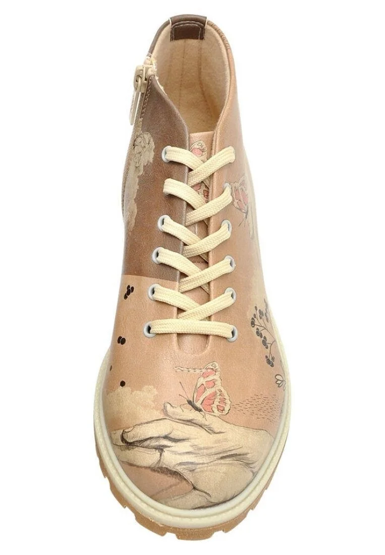 Femme Cuir Vegan Brun Bottines Zippées - Lady Butterfly Motif