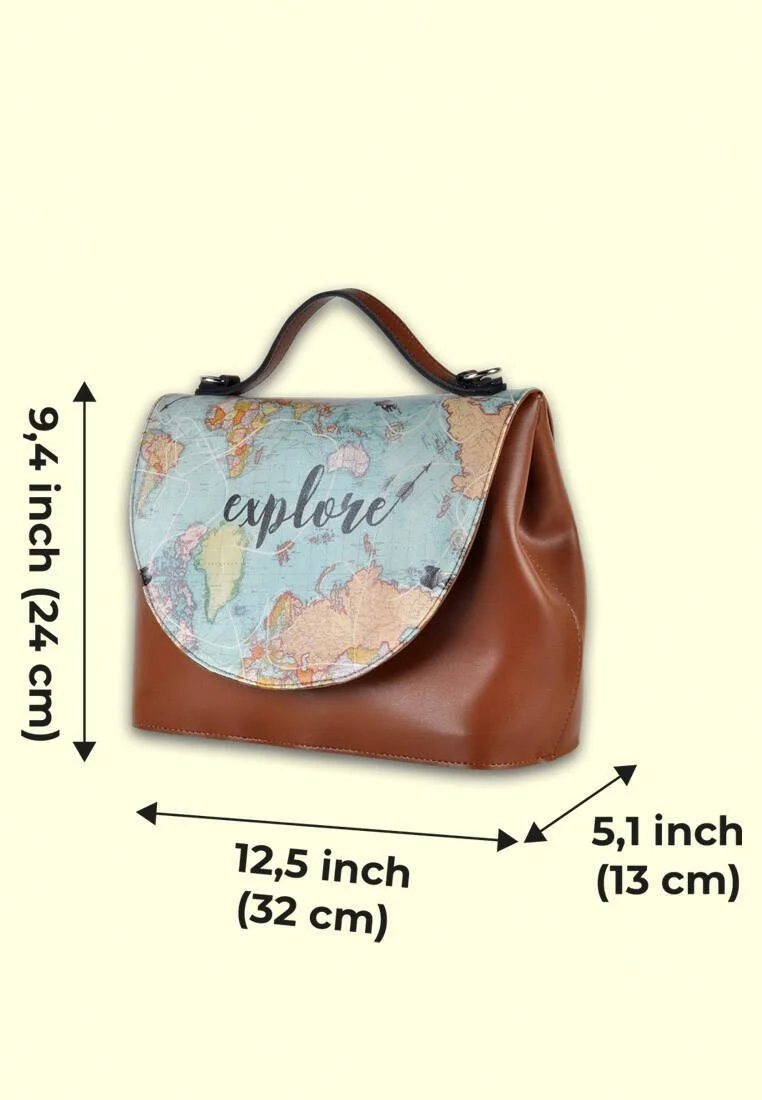 Femme Cuir Vegan Brun Sac à Main - Explore Motif