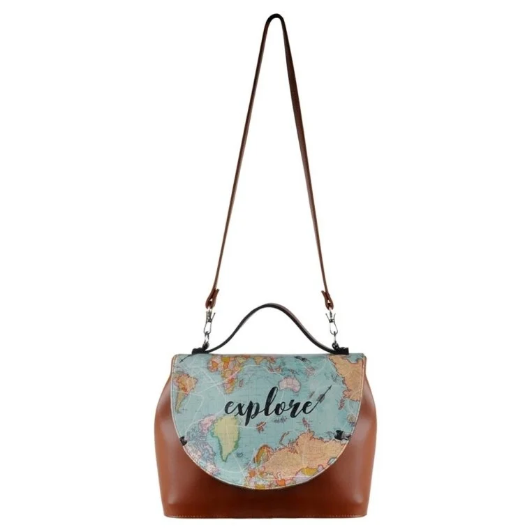Femme Cuir Vegan Brun Sac à Main - Explore Motif